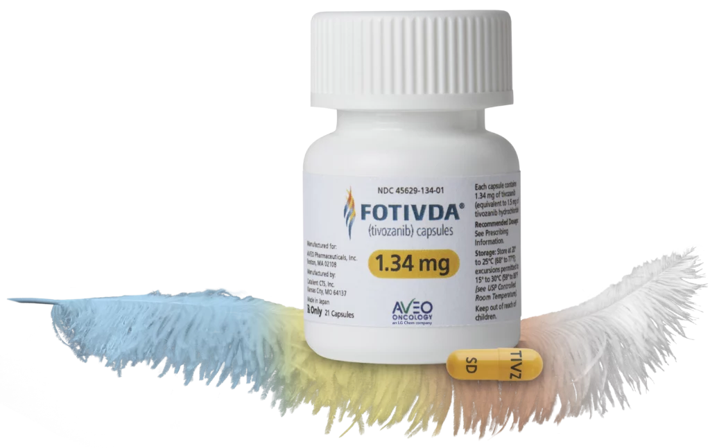 FOTIVDA® (tivozanib) 1.34 mg capsule bottle and bottle resting on feather.